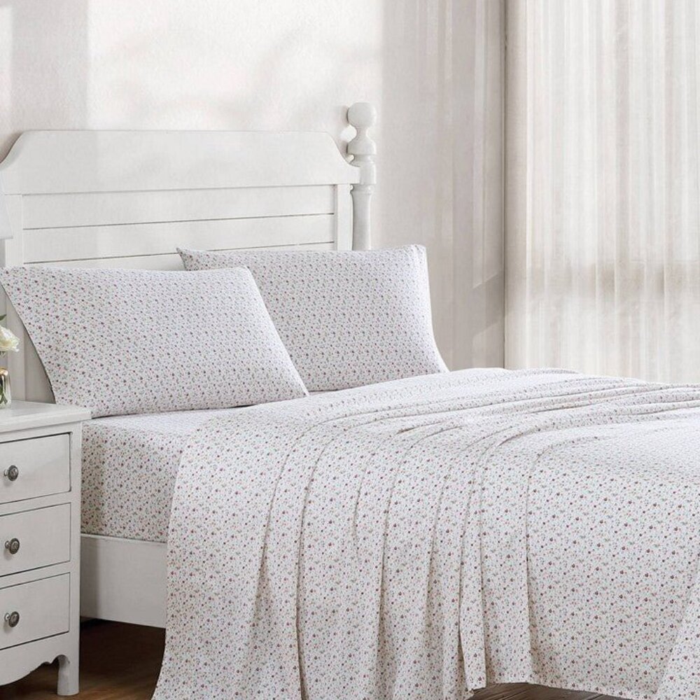 Laura Ashley Evie Pink 4-Piece Percale Cotton Full Sheet Set